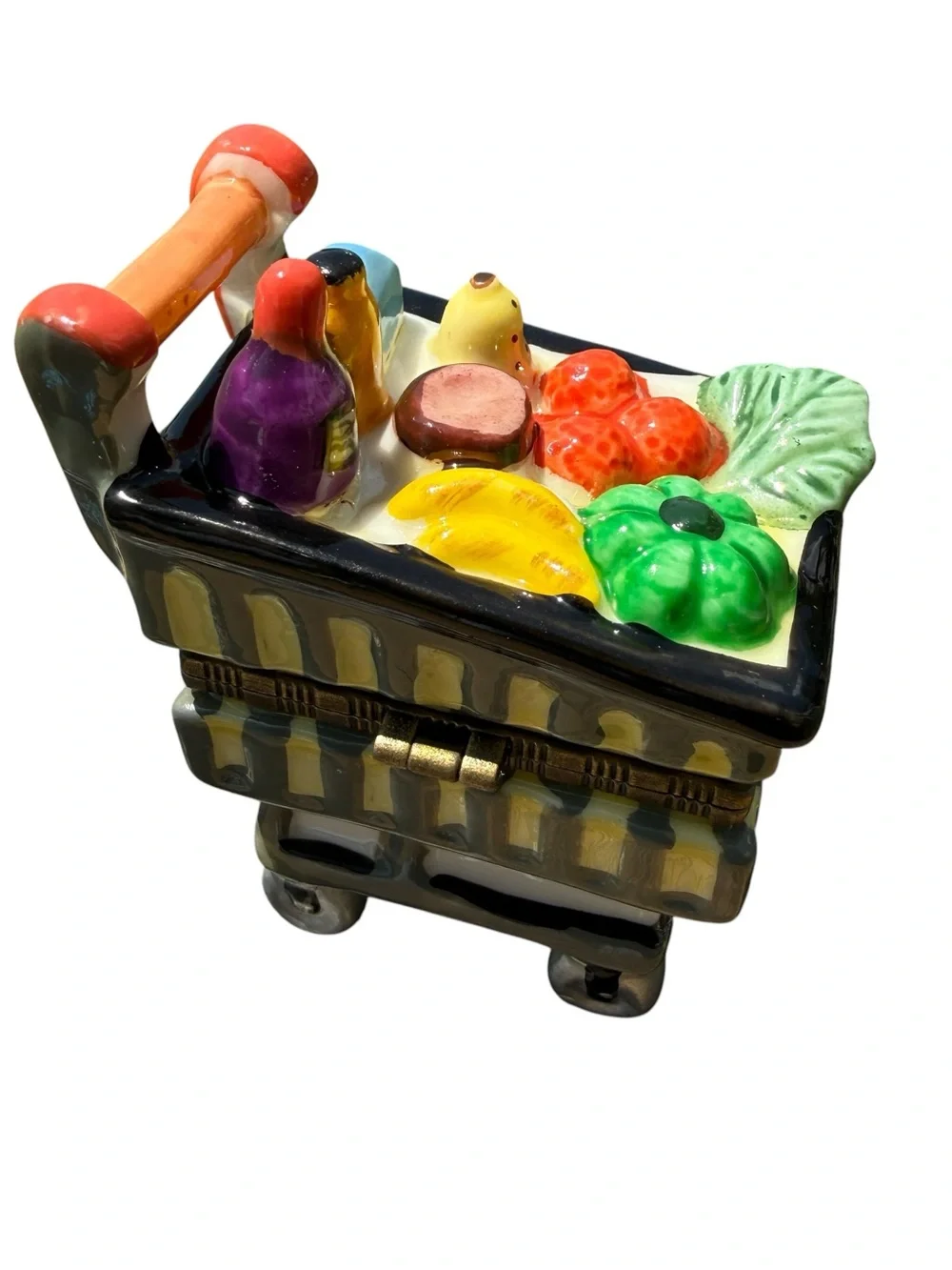 Vintage Grocery Shopping Cart Trinket Box Porcelain Keepsake Miniature Market 4”